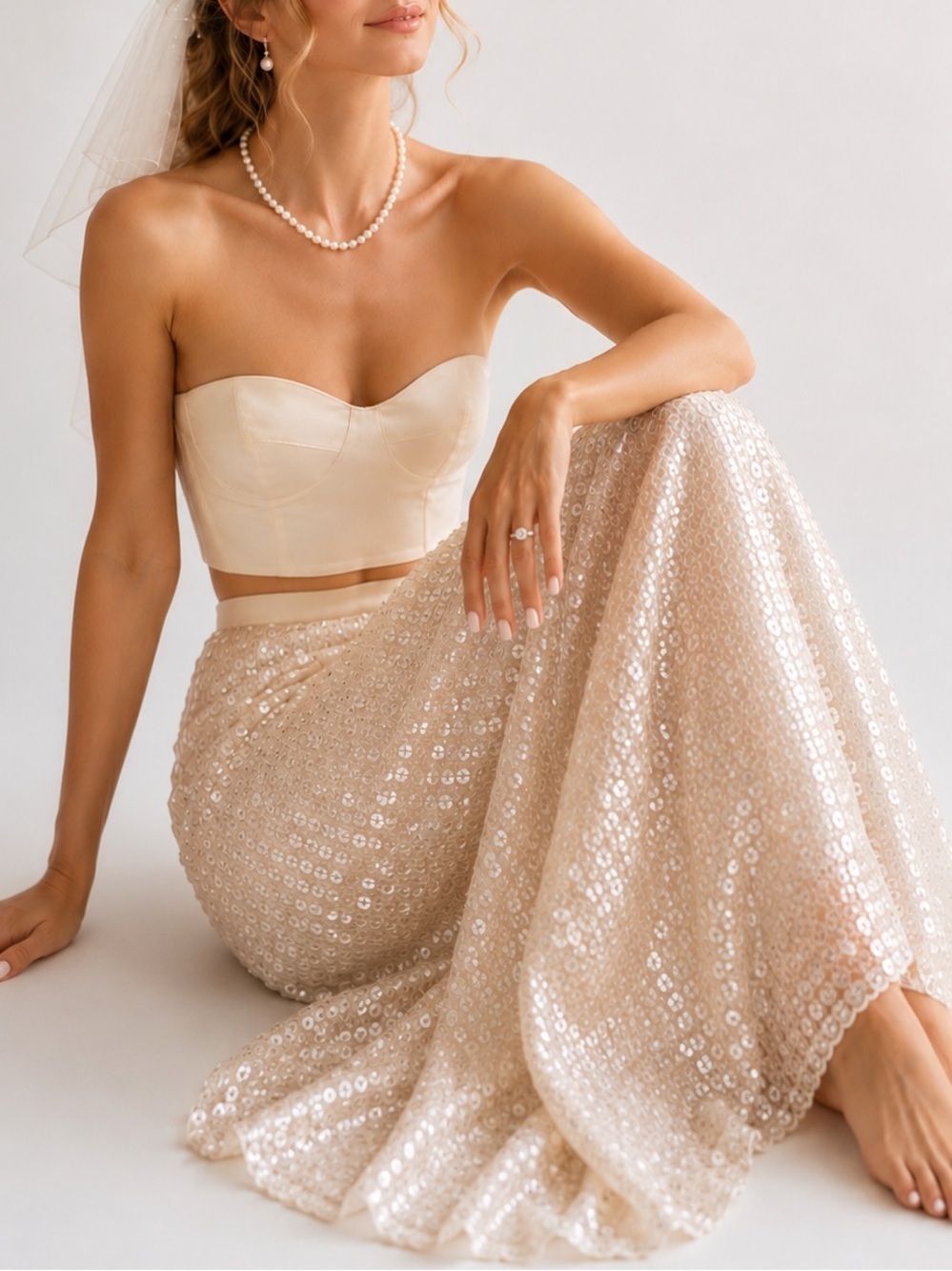 🧜‍♀️ OLD NAVY NWT Mermaidcore Beige Champagne Sequin Mesh Maxi Pencil Skirt Sz S
